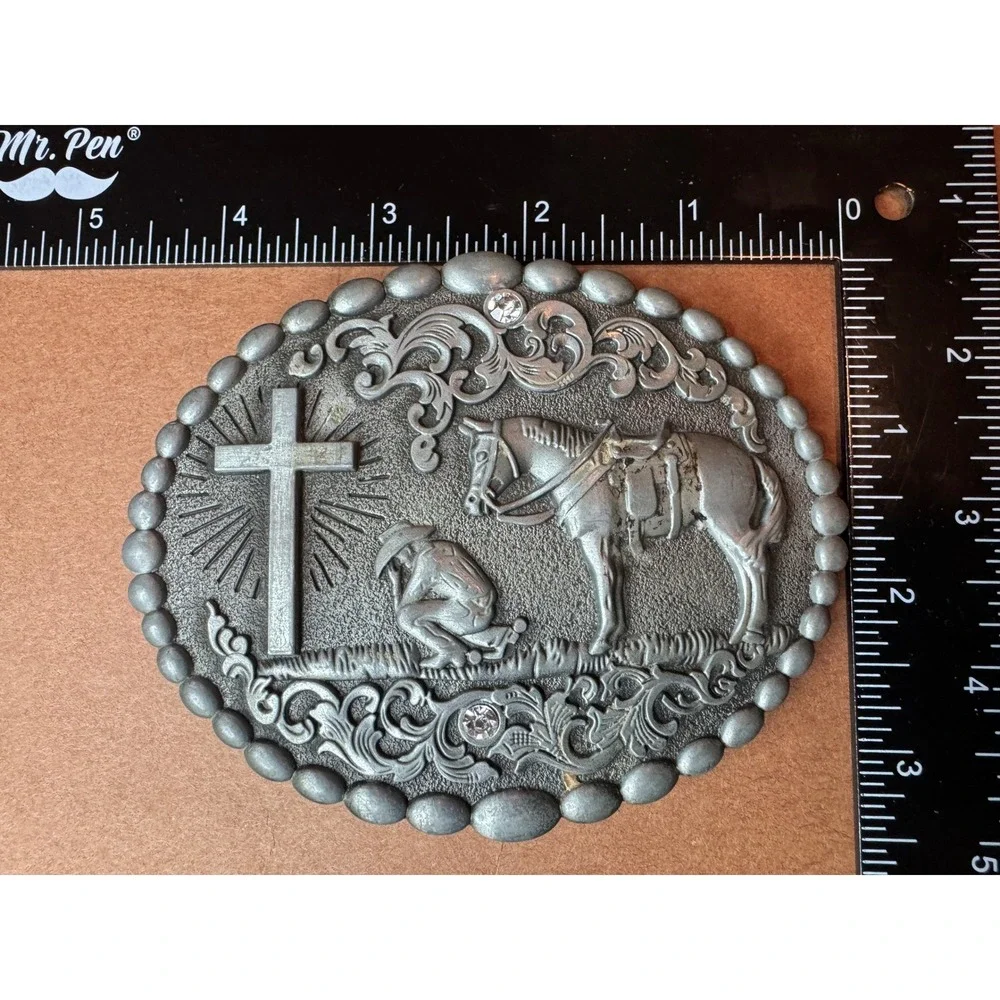 Western Praying Cowboy Belt Buckle Silver Tone Cross Horse‎ Rhinestone Oval